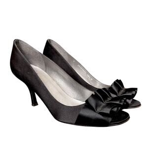 Stuart Weitzman Black Satin Ruffle Bow Open Toe High Heel Pumps Shoes Size 10.5